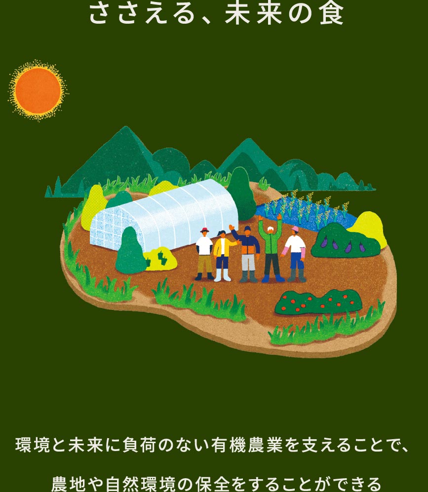 ささえる、未来の食 環境と未来に負荷のない有機農業を支えることで、農地や自然環境の保全をすることができる
